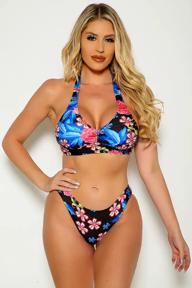 Blue Black Floral Print Two Piece Swimsuit