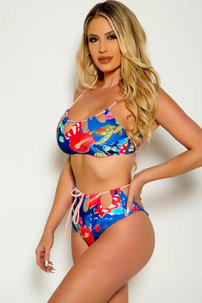 Blue Red Printed Cutout Accent Two Piece Swimsuit