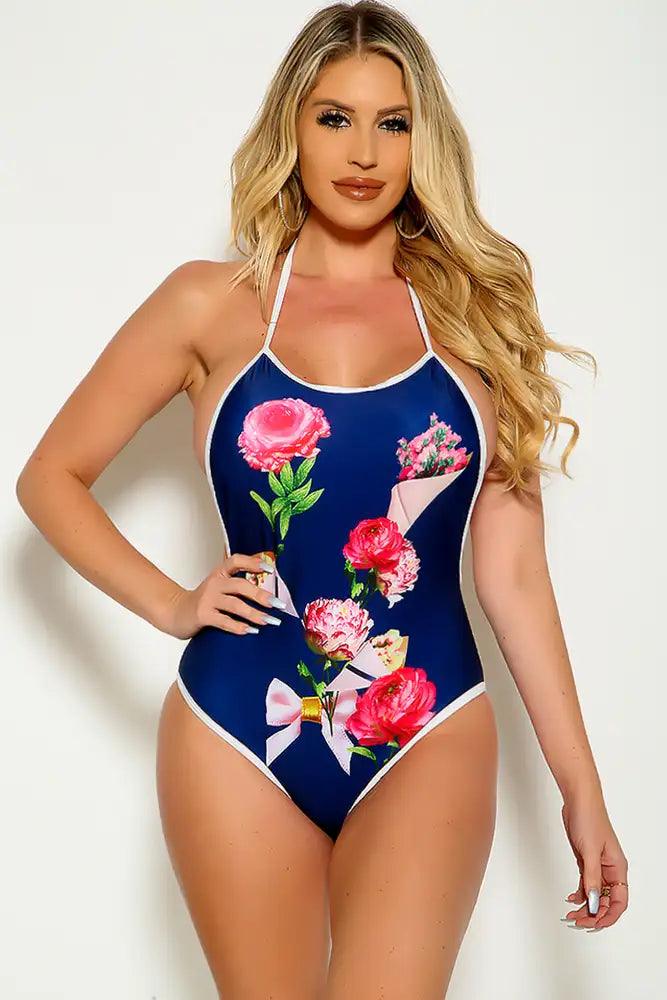 Blue Floral High Neck One Piece Swimsuit