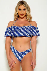 Blue White Floral Water Color Off The Shoulder Two Piece Swimsuit