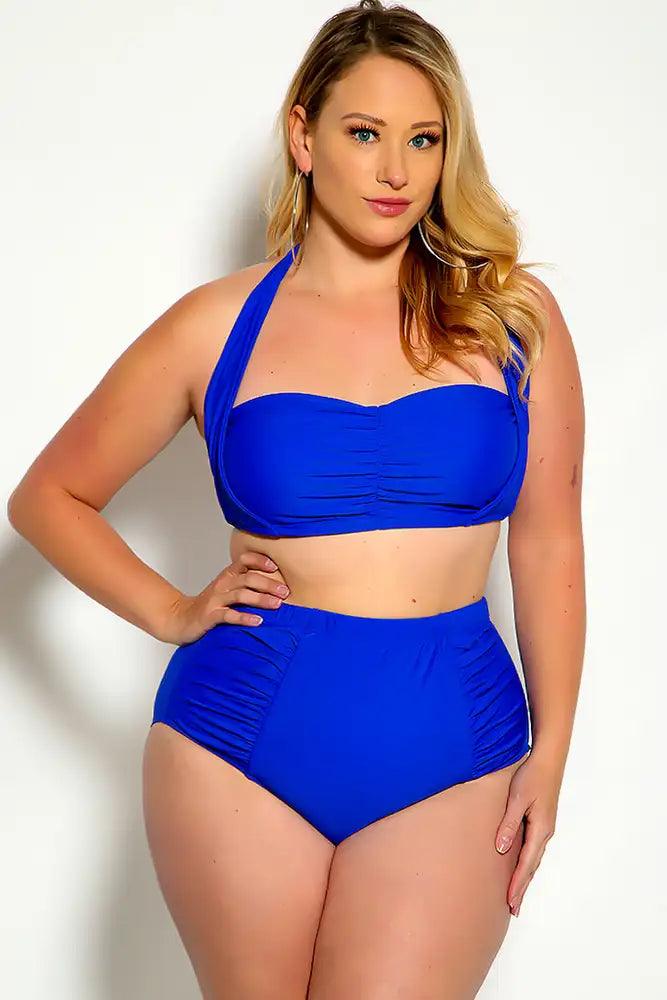 Blue Bold Halter Top Ruched High Waist Two Piece Swimsuit Plus