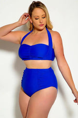 Blue Bold Halter Top Ruched High Waist Two Piece Swimsuit Plus