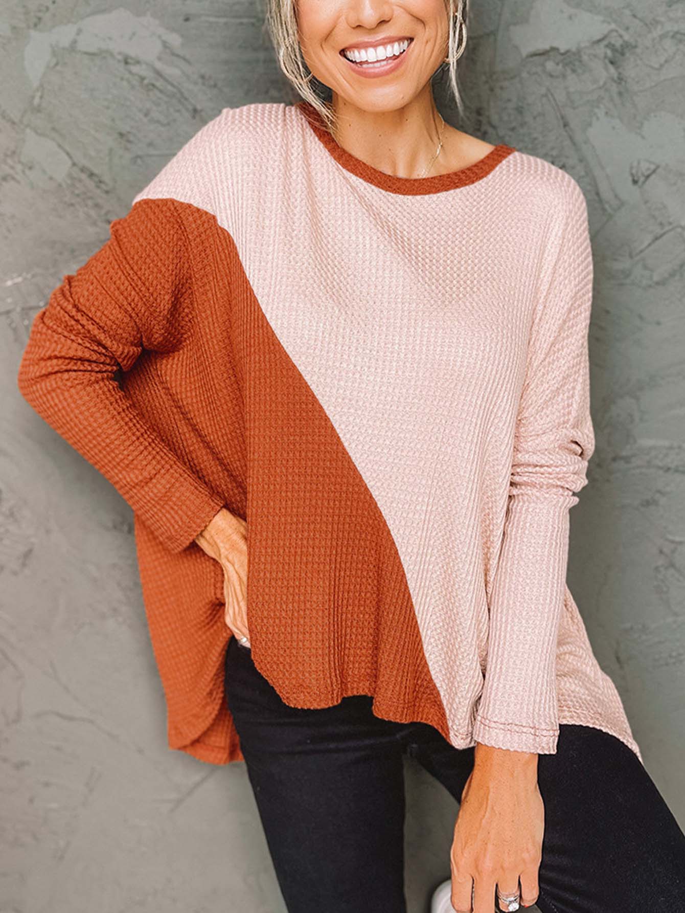 irregularly contrast color slit long sleeve loose shirt Sai Feel