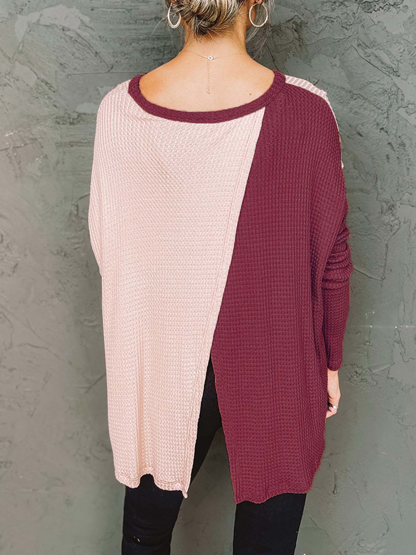 irregularly contrast color slit long sleeve loose shirt Sai Feel