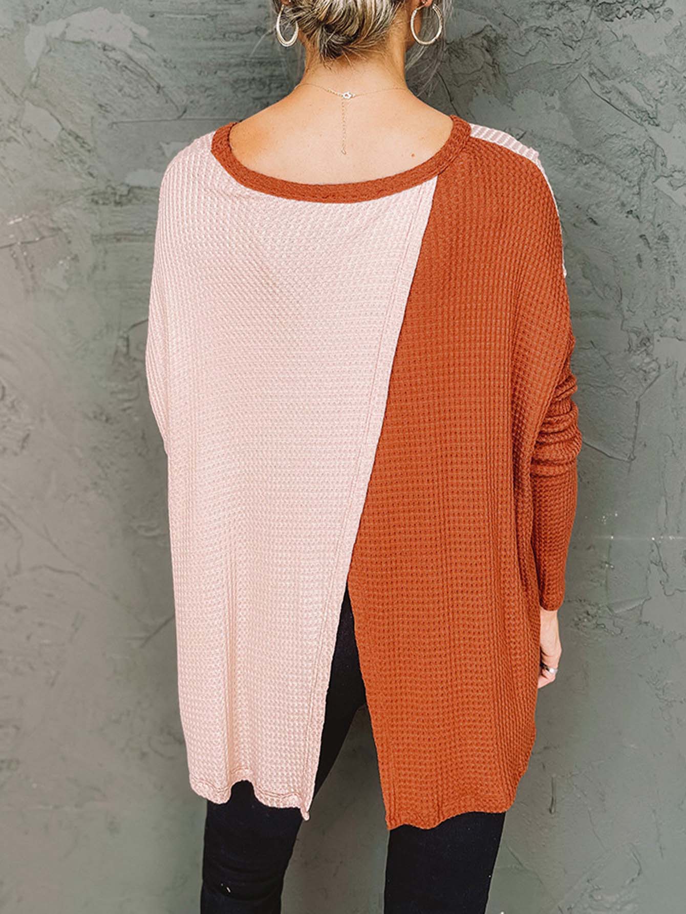 irregularly contrast color slit long sleeve loose shirt Sai Feel
