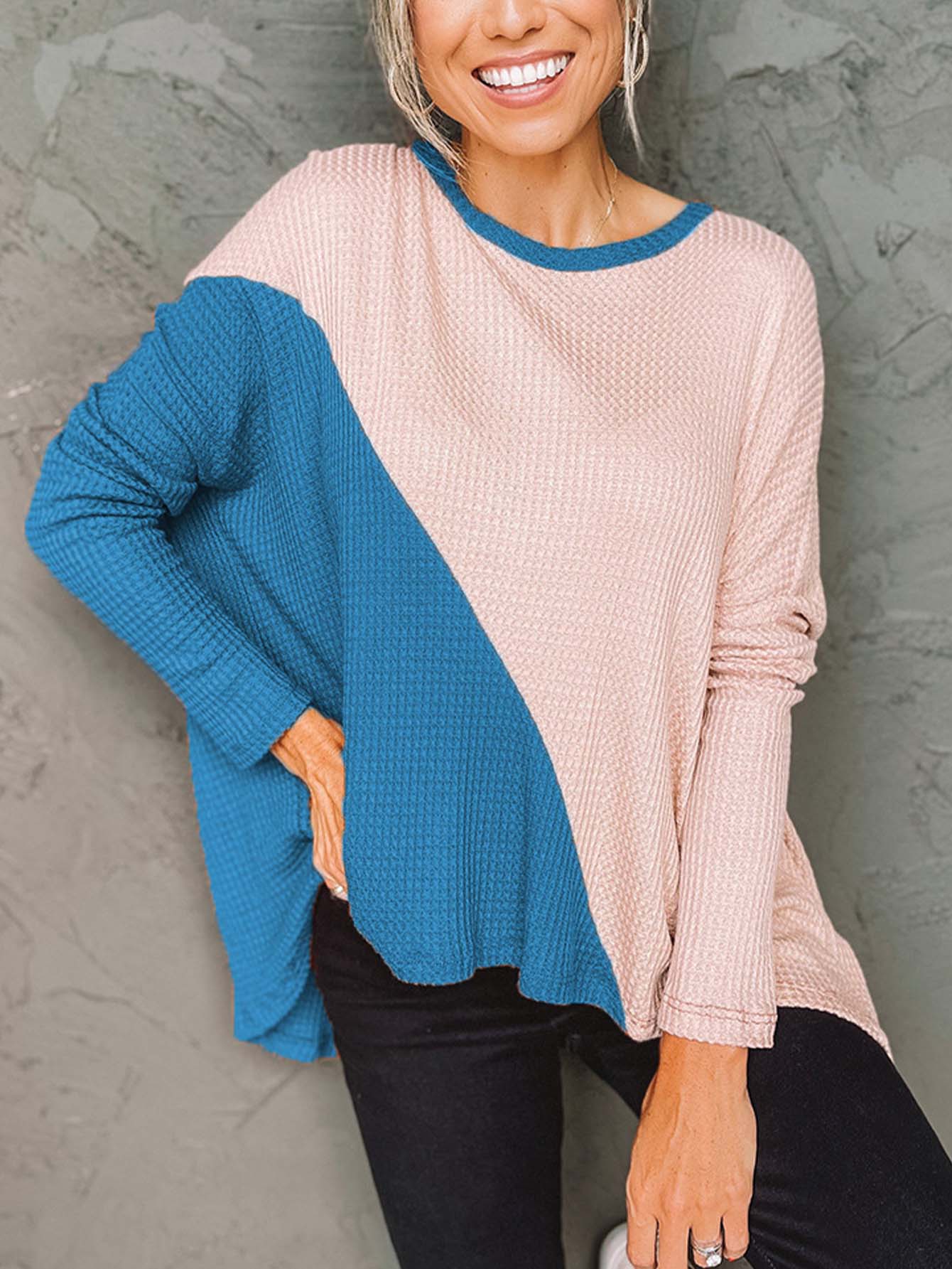 irregularly contrast color slit long sleeve loose shirt Sai Feel