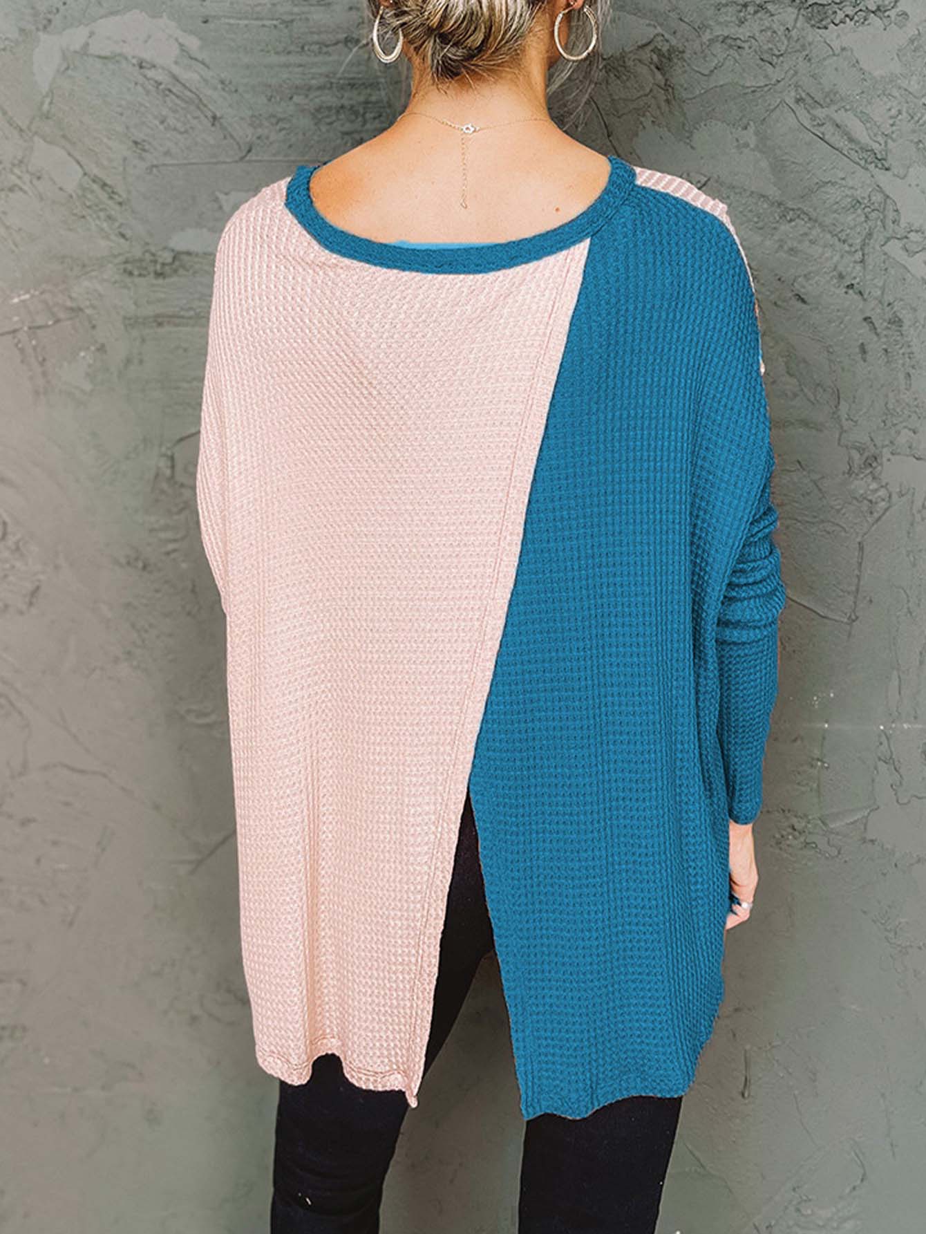 irregularly contrast color slit long sleeve loose shirt Sai Feel