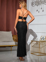 Lace Up Backless Glitter Cami Top & Ruched Skirt Set
