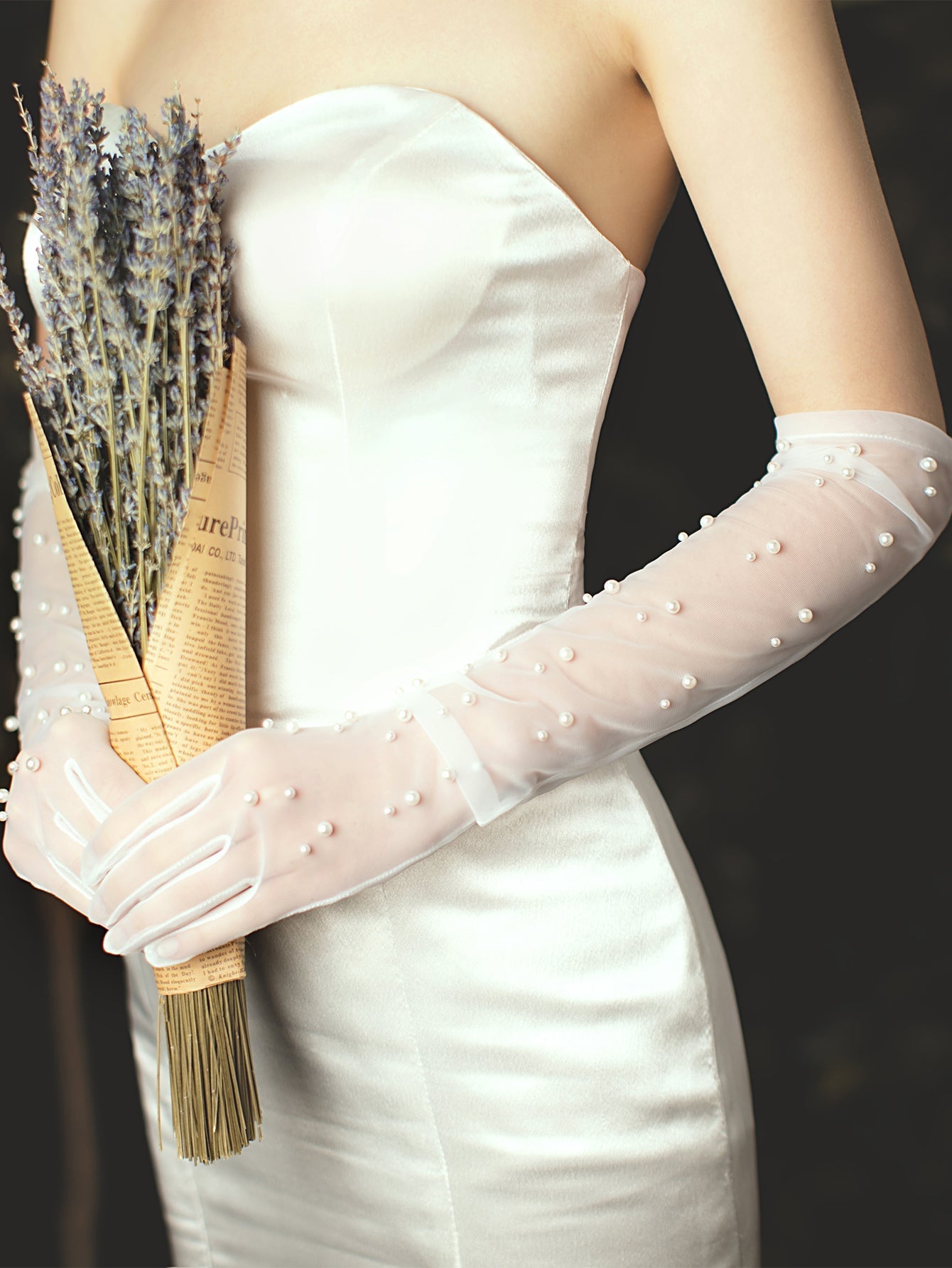 long Length transparent mesh Faux Pearl Bridal wedding Gloves accessories Sai Feel