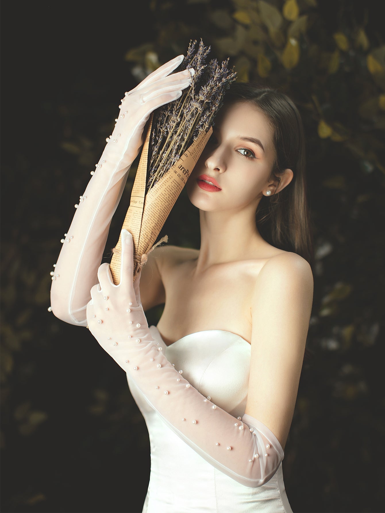 long Length transparent mesh Faux Pearl Bridal wedding Gloves accessories Sai Feel