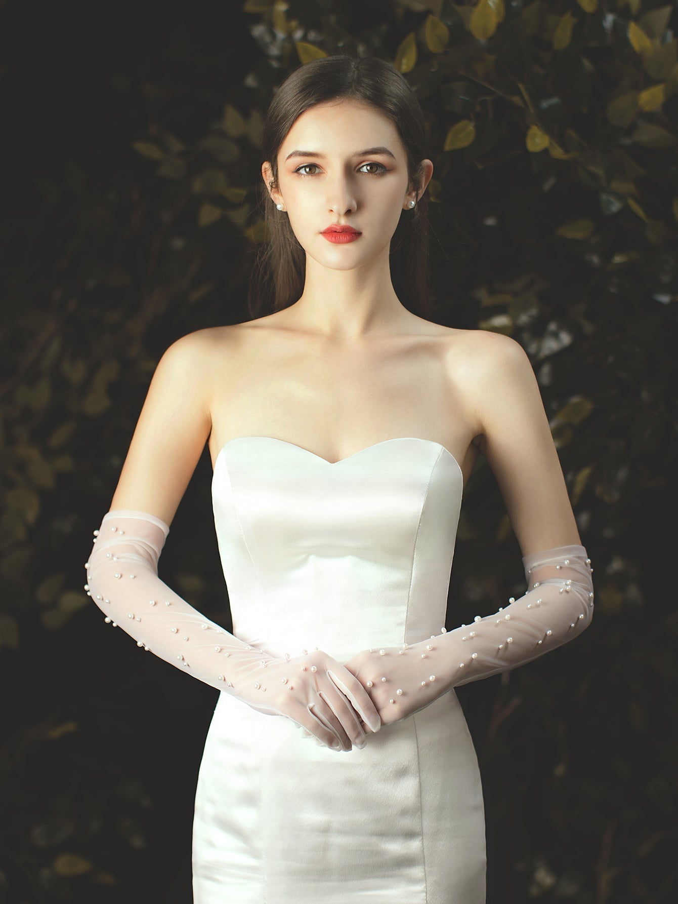 long Length transparent mesh Faux Pearl Bridal wedding Gloves accessories Sai Feel