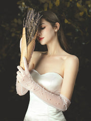 long Length transparent mesh Faux Pearl Bridal wedding Gloves accessories Sai Feel