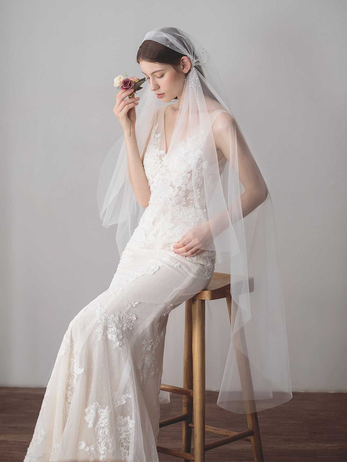 long mesh Rhinestone church wedding veil Sai Feel