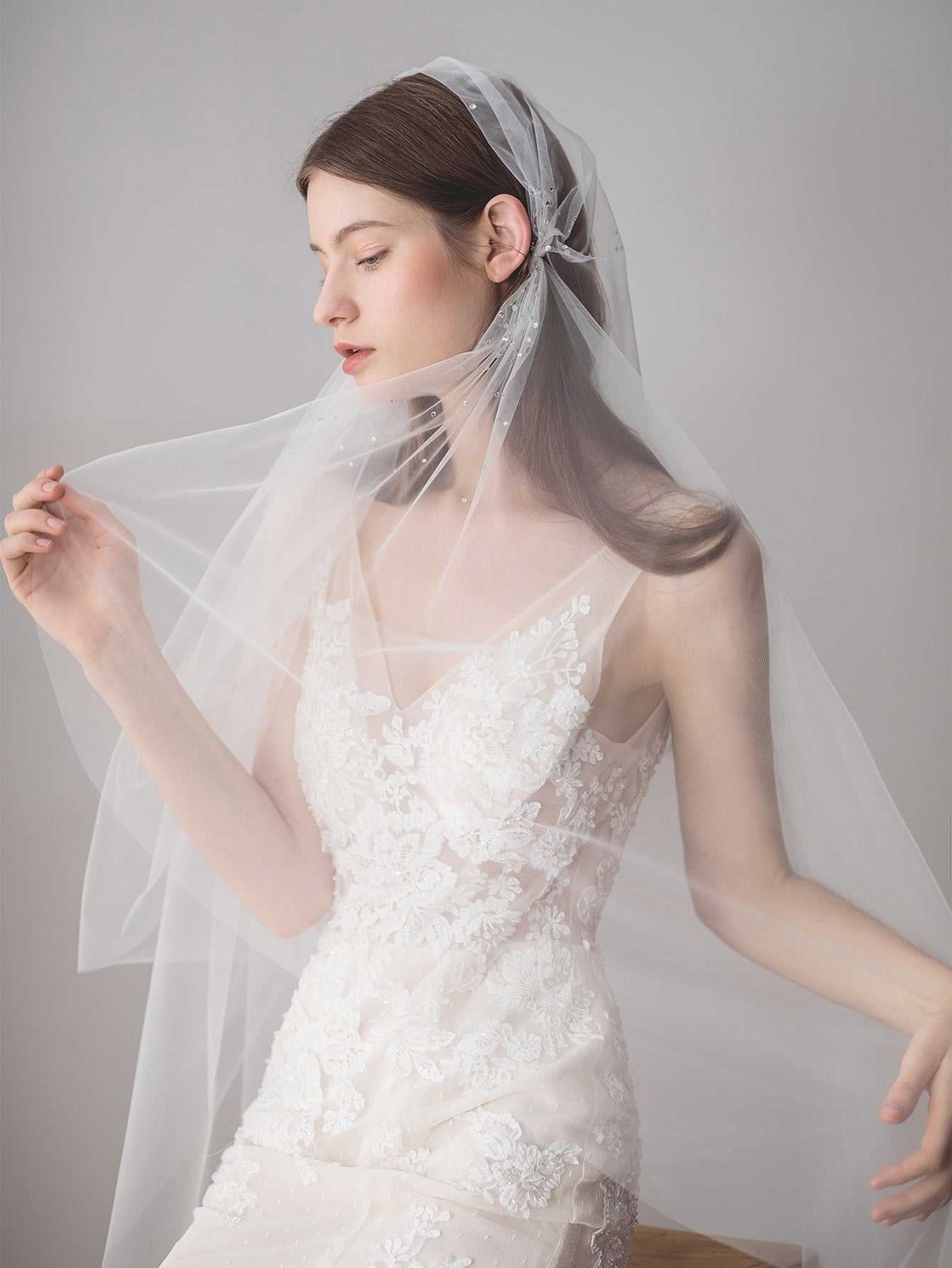 long mesh Rhinestone church wedding veil Sai Feel