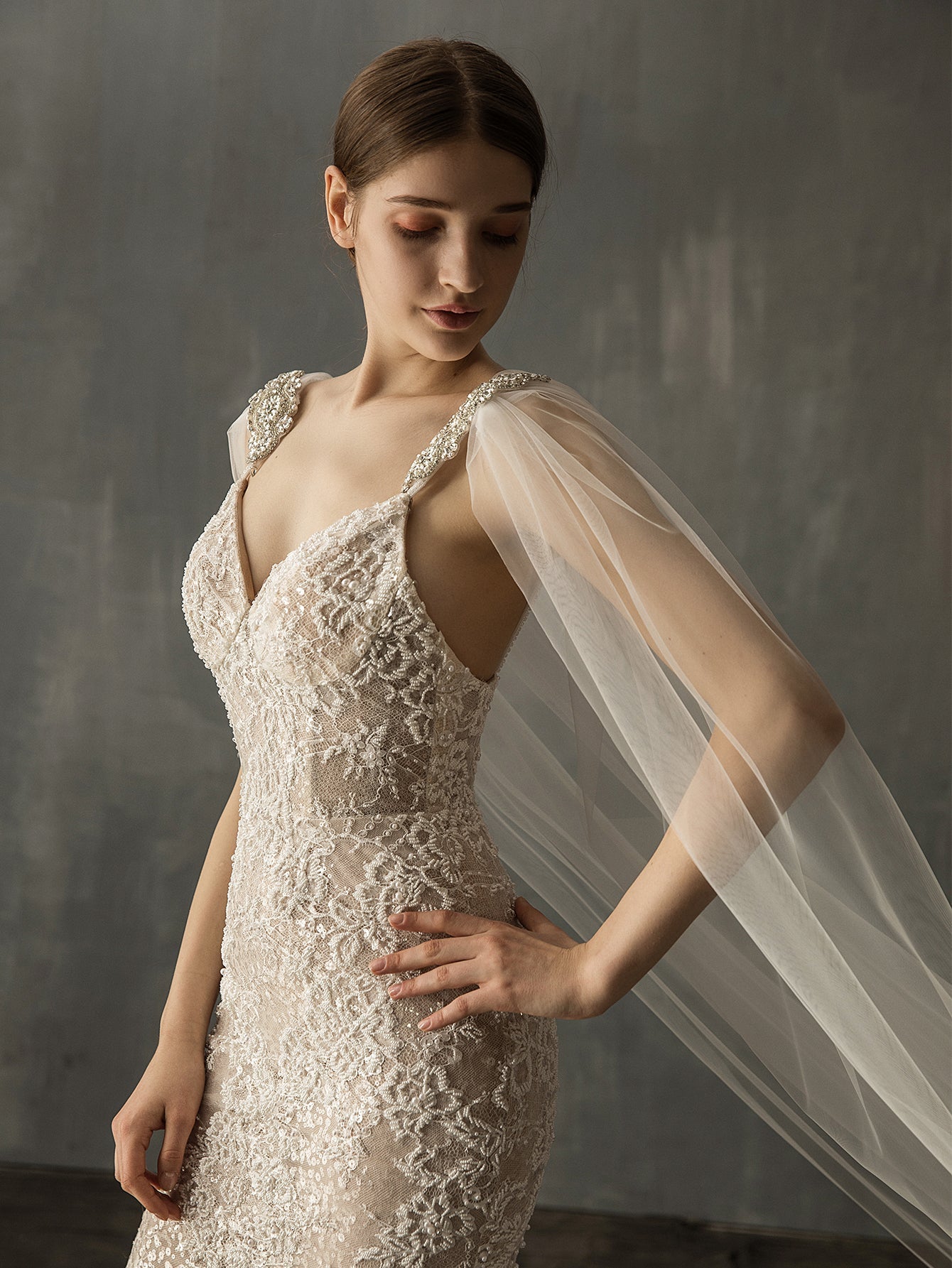 long mesh church Cathedral Elegant & Luxurious shawl wedding veil Sai Feel