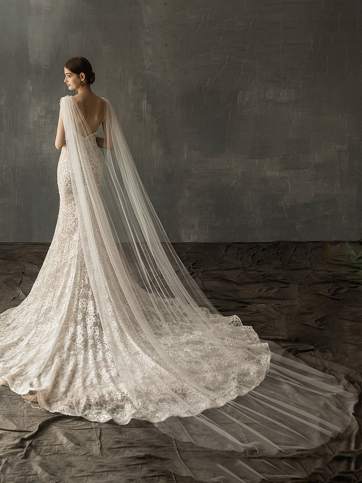 long mesh church Cathedral Elegant & Luxurious shawl wedding veil Sai Feel