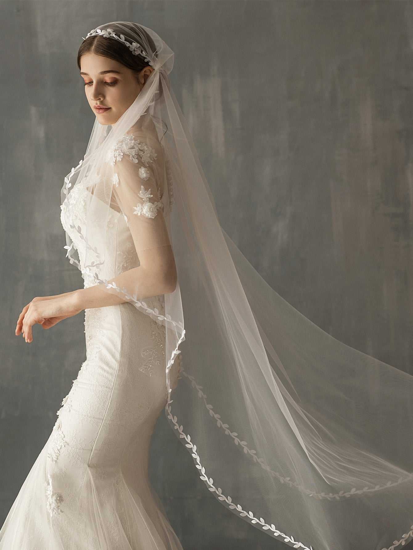 long mesh leaves hem church wedding veil Sai Feel