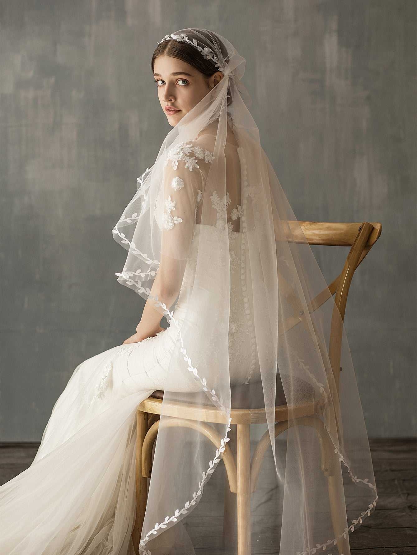long mesh leaves hem church wedding veil Sai Feel