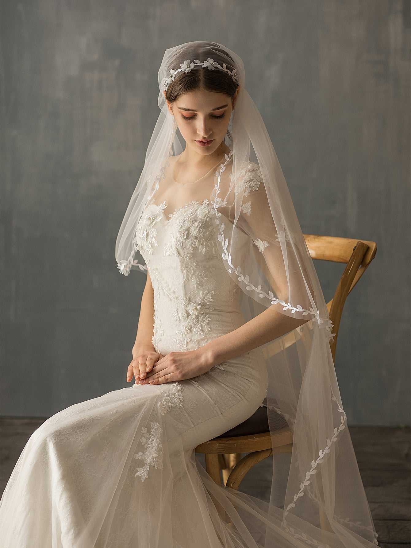 long mesh leaves hem church wedding veil Sai Feel