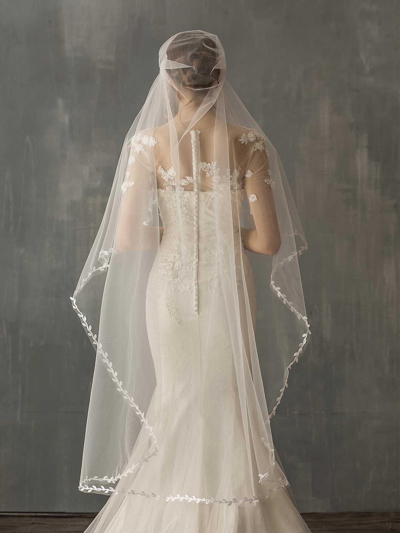 long mesh leaves hem church wedding veil Sai Feel