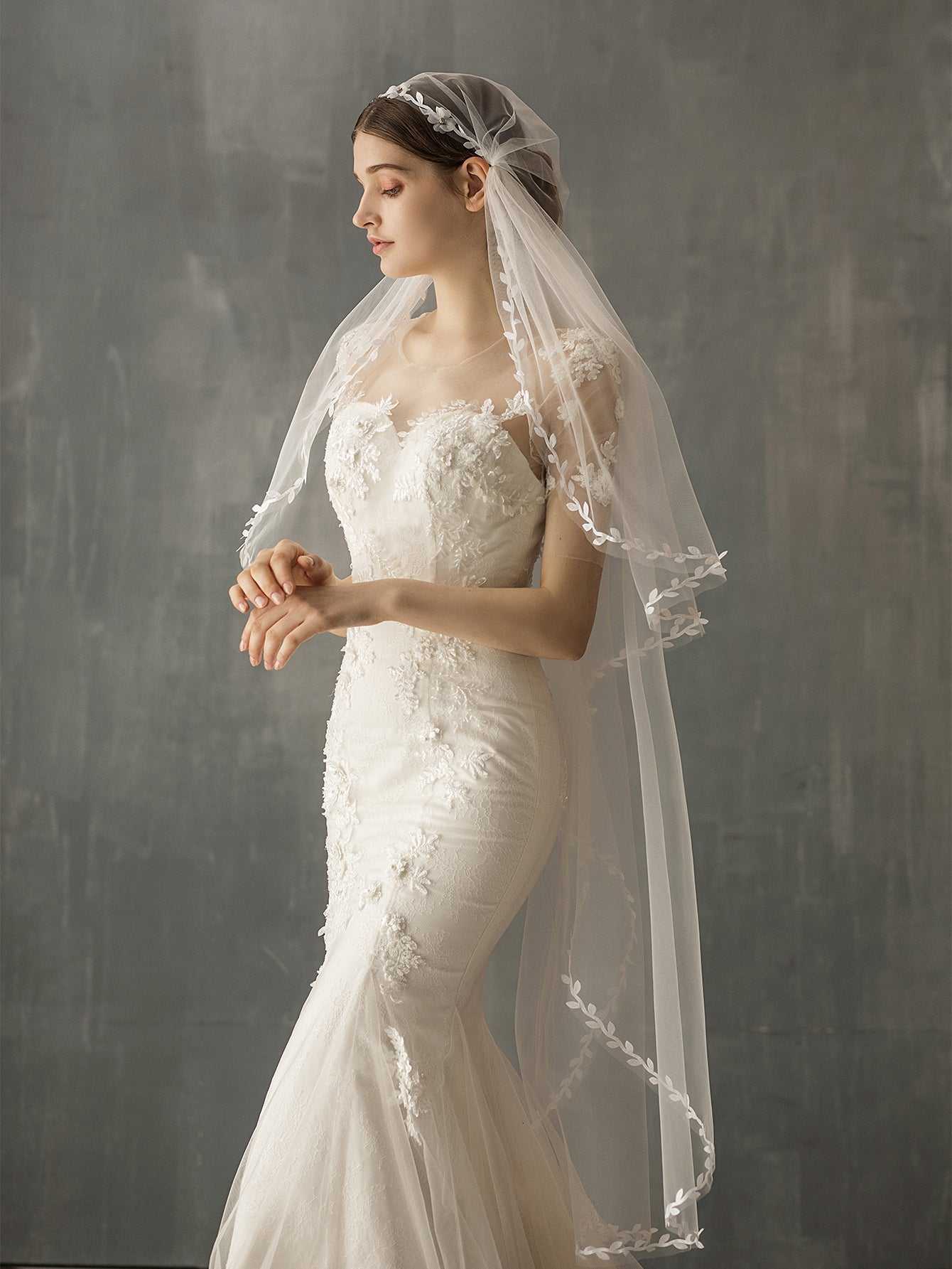 long mesh leaves hem church wedding veil Sai Feel