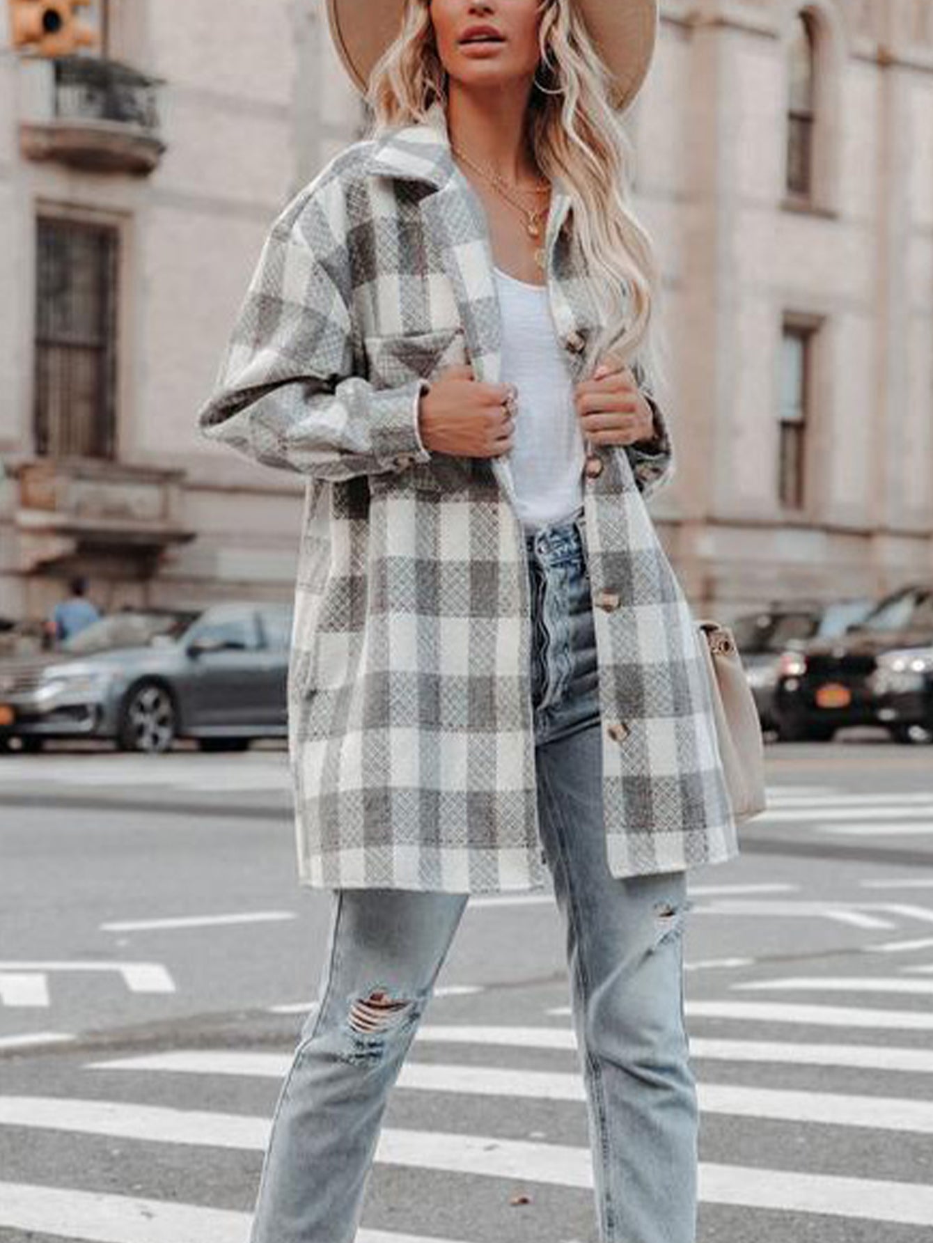 long pocket lapel plaid overcoat Sai Feel