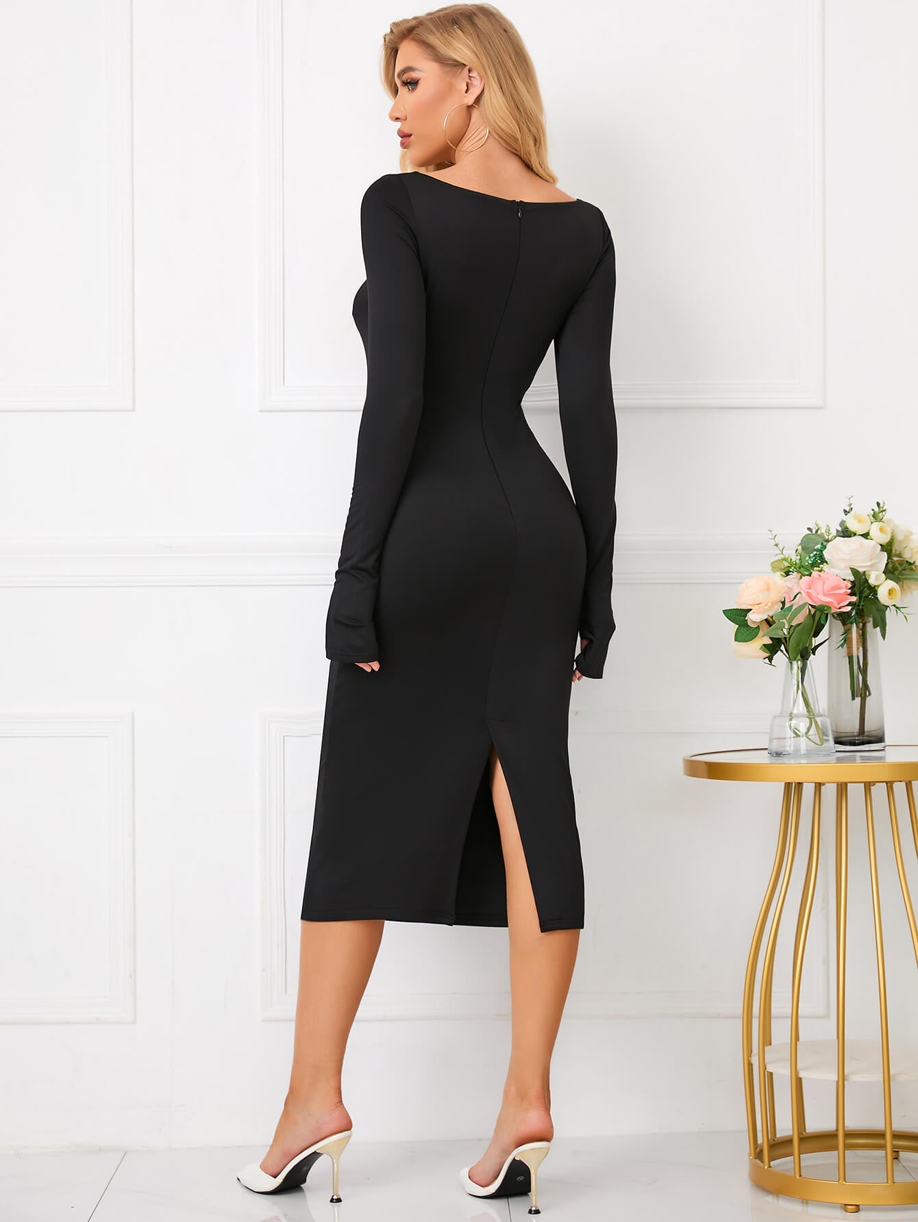 Long Sleeve Cut Out Bodycon Midi Dress - Black / XS Long Sleeve Cut Out Bodycon Midi Dress - Black / XS