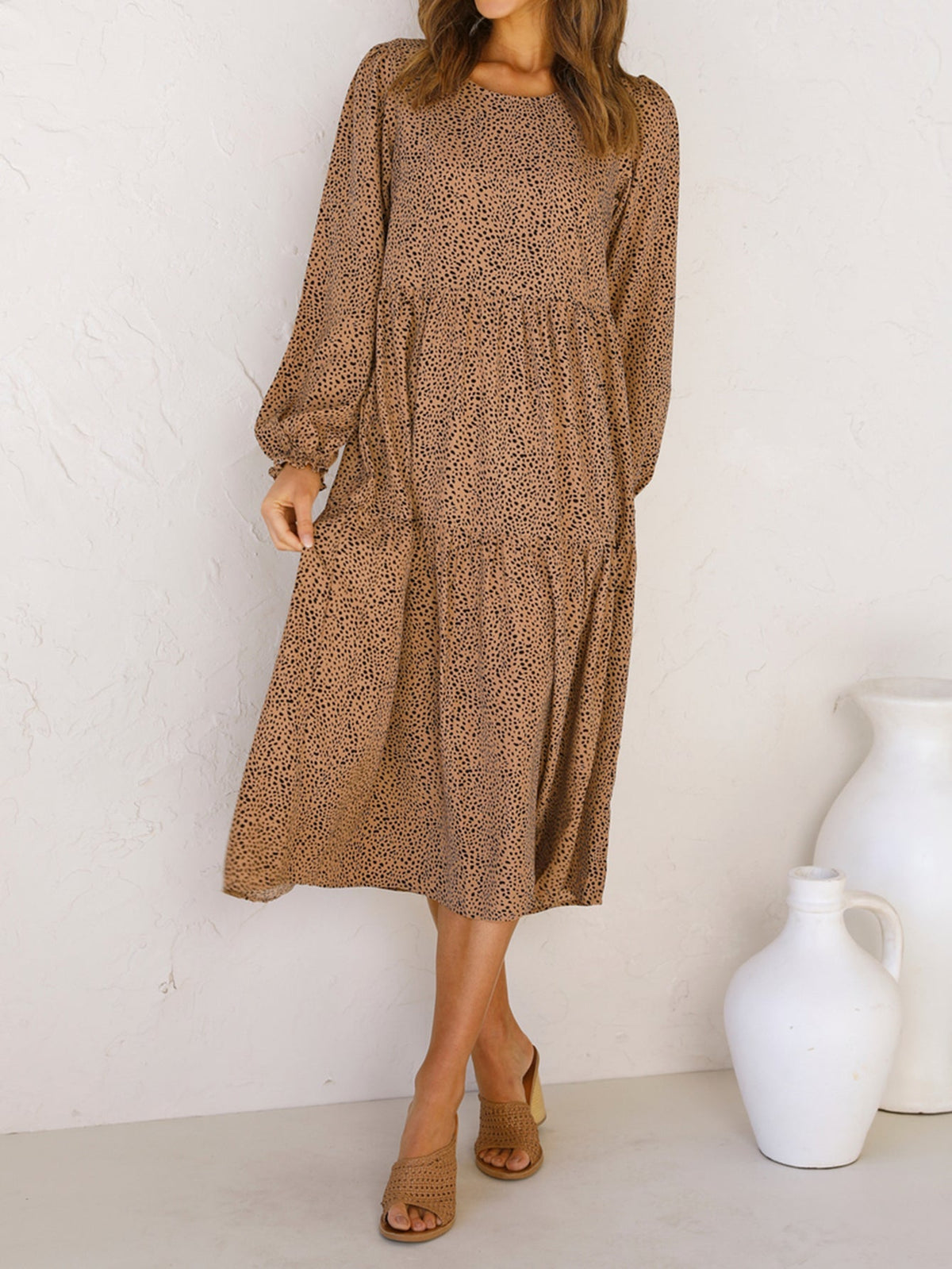 long sleeve leopard pleated dress Sai Feel