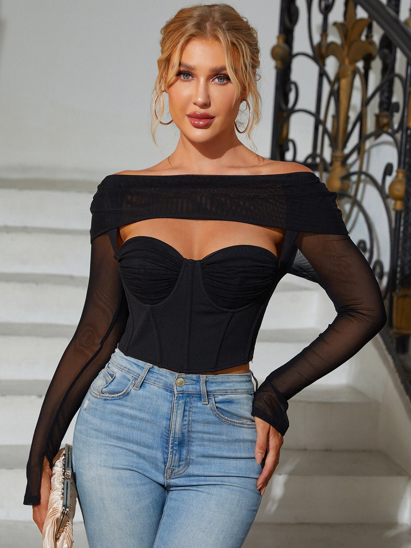 Boning Pads Underwire Off Shoulder Cut Out Corset Top