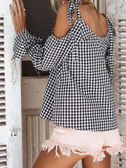 off-shoulder Plaid Cut Out shirt Sai Feel