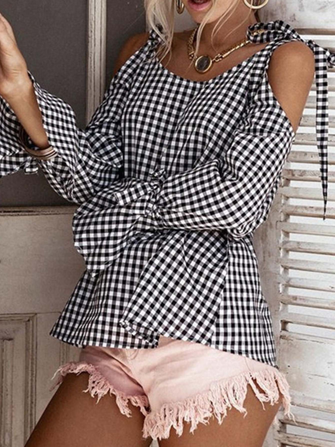 off-shoulder Plaid Cut Out shirt Sai Feel