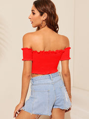 off shoulder Shirred Peplum Crop Top sexy crop blouse Sai Feel