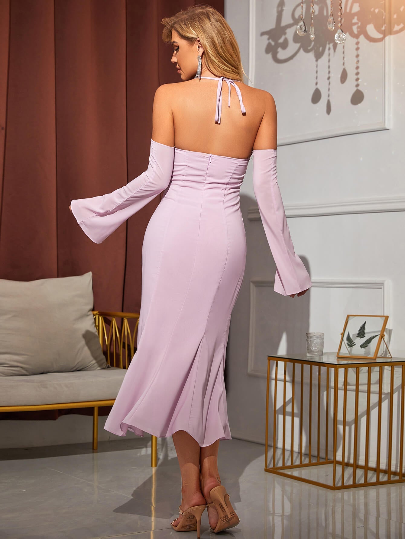 Off Shoulder Halter Chiffon Dress