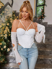 Off Shoulder Long Sleeve Halter Top