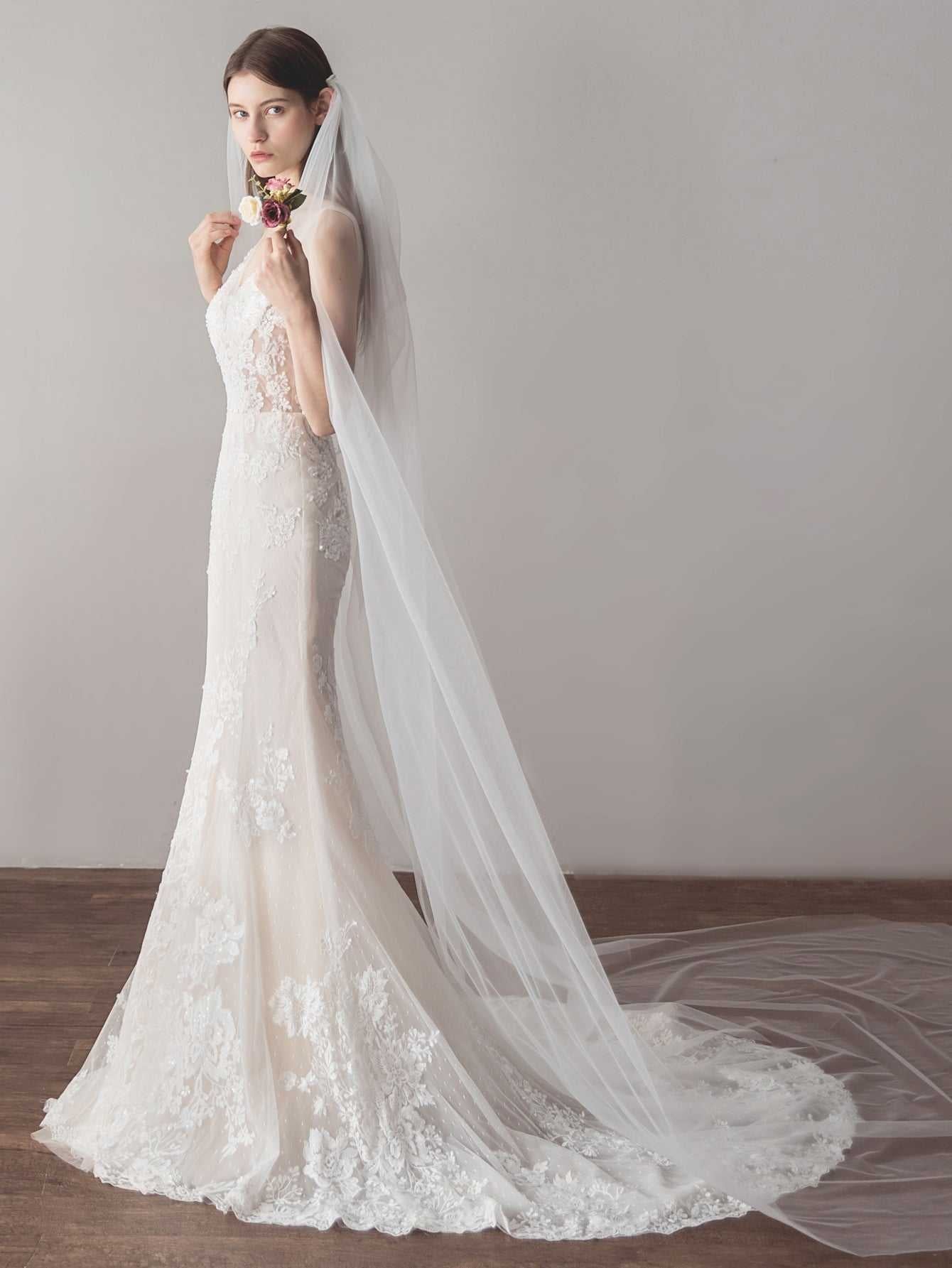 one layer long mesh church wedding veil Sai Feel