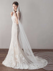 one layer long mesh church wedding veil Sai Feel