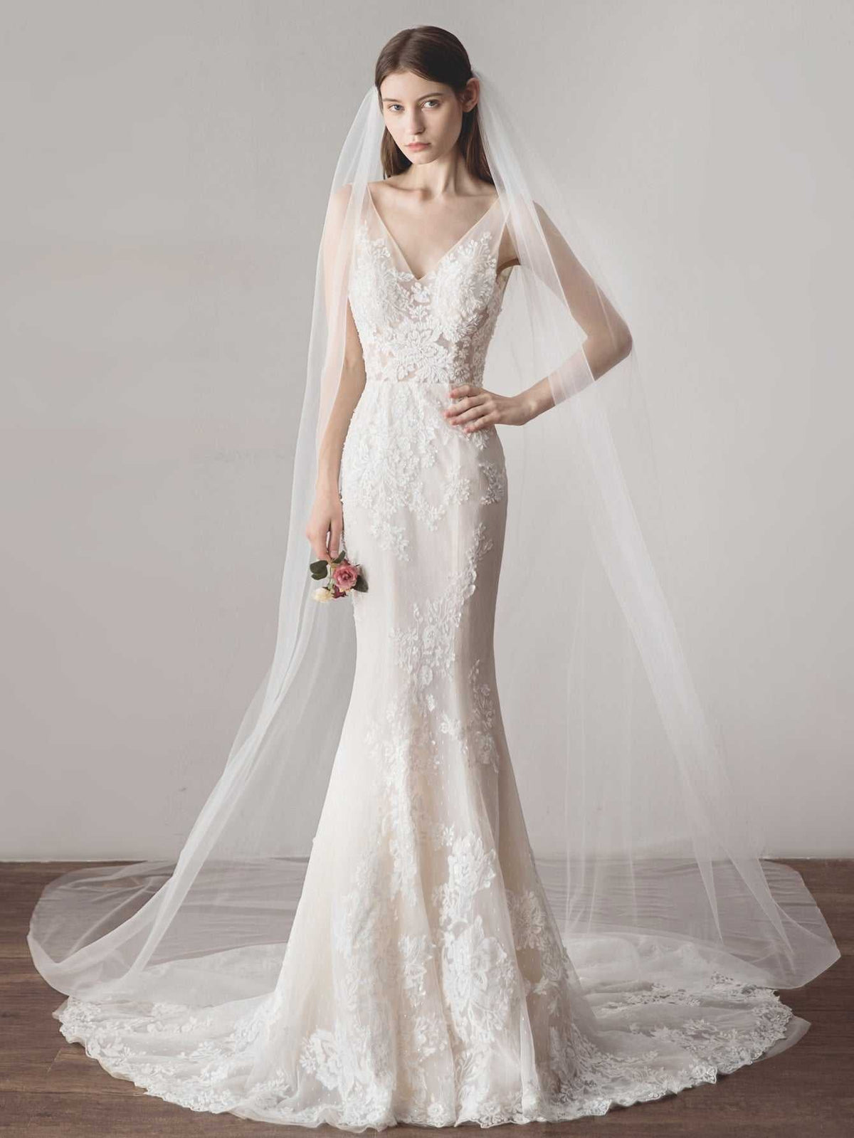 one layer long mesh church wedding veil Sai Feel