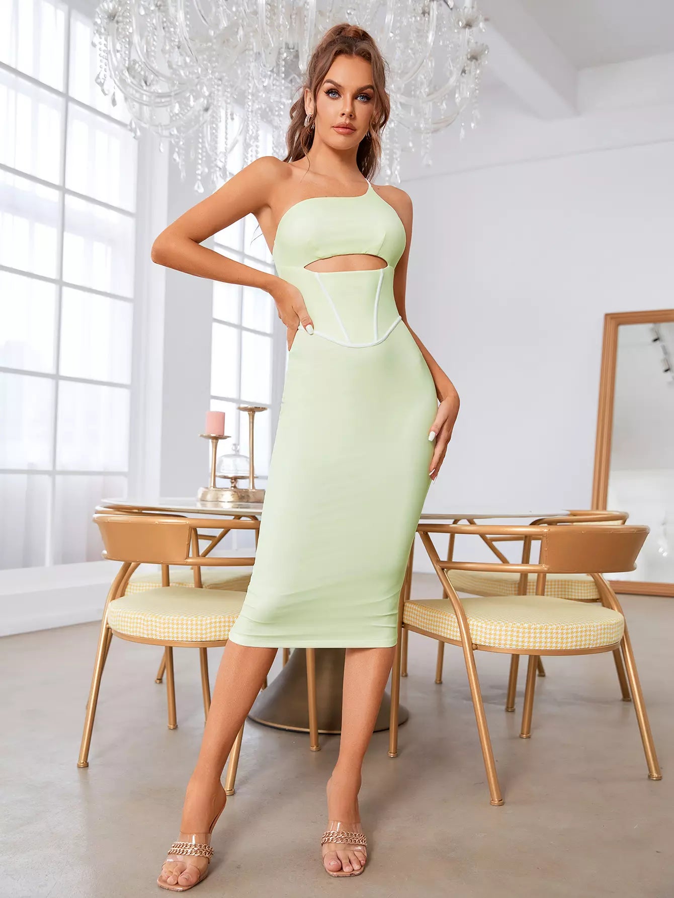 One Shoulder Boning Cut Out Mesh Dress