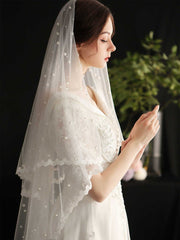 one-tier mid length Faux Pearl mesh church wedding veil with lace hem Sai Feel