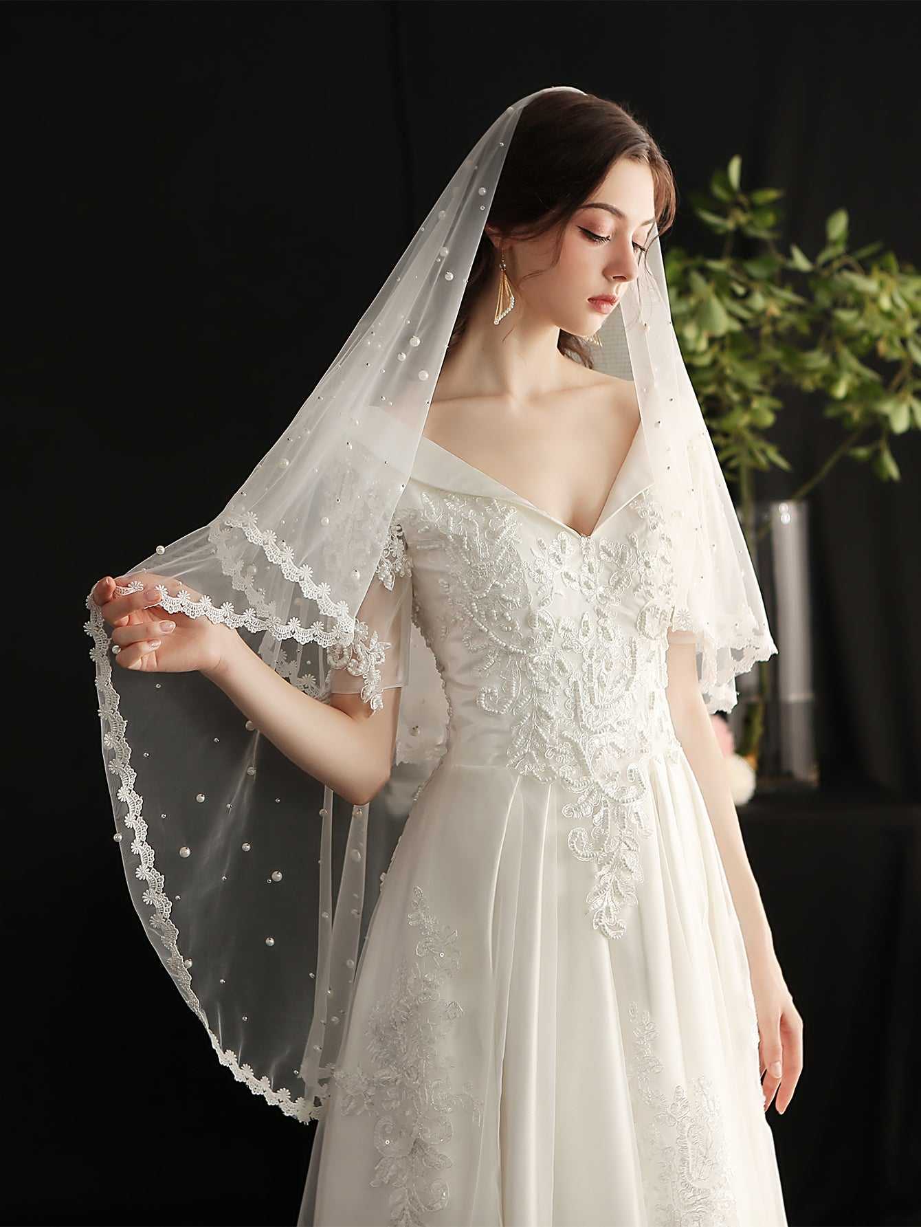 one-tier mid length Faux Pearl mesh church wedding veil with lace hem Sai Feel