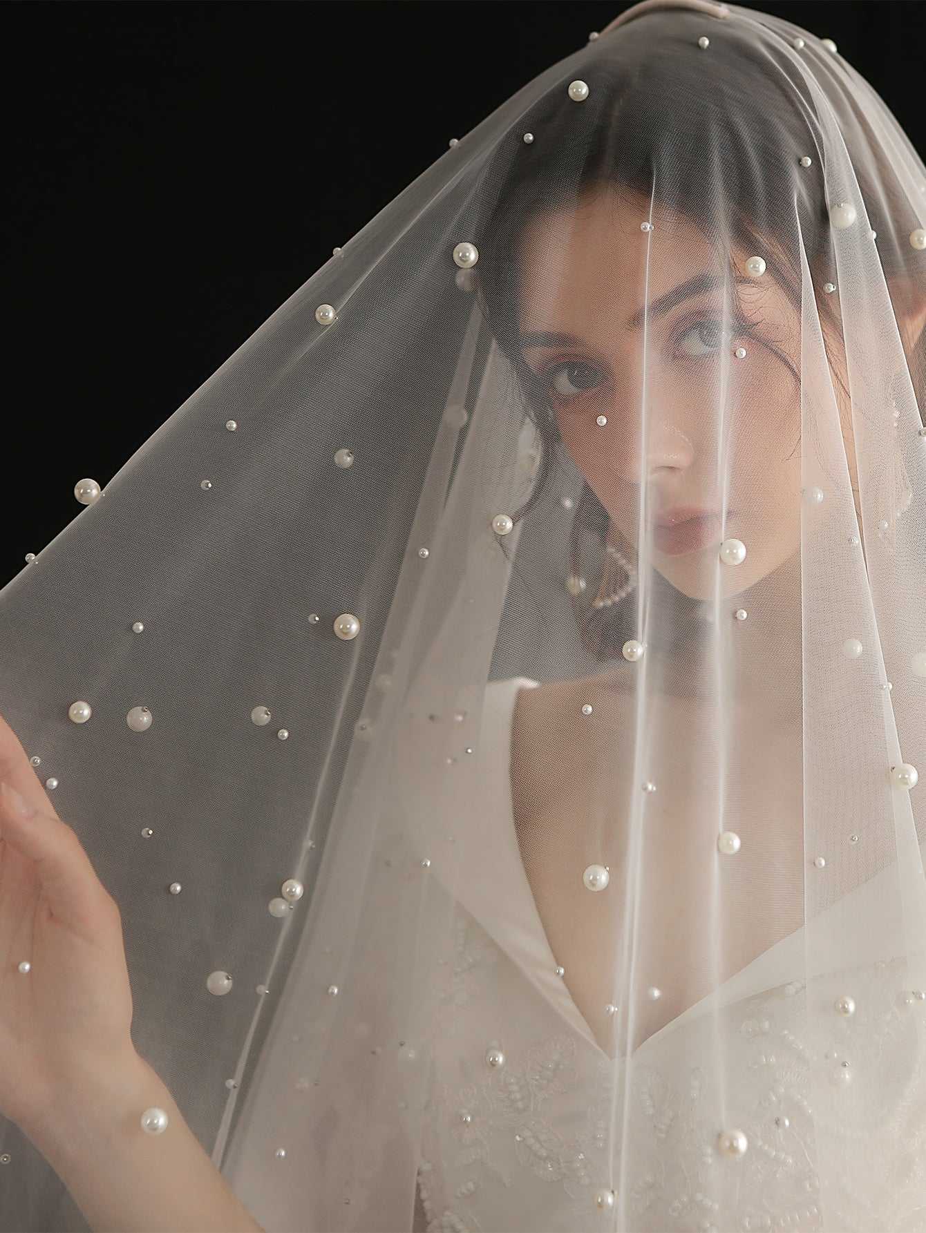 one-tier mid length Faux Pearl mesh church wedding veil with lace hem Sai Feel