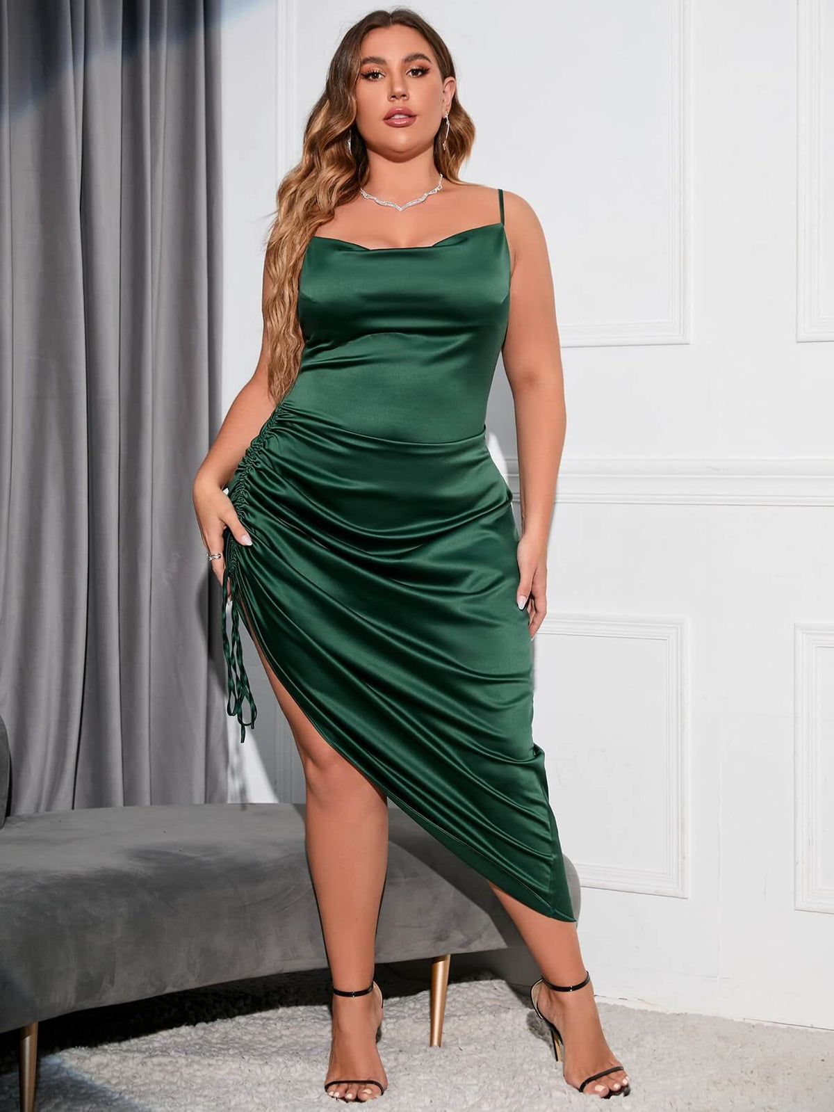 Plus Draped Drawstring Asymmetrical Hem Satin Cami Dress