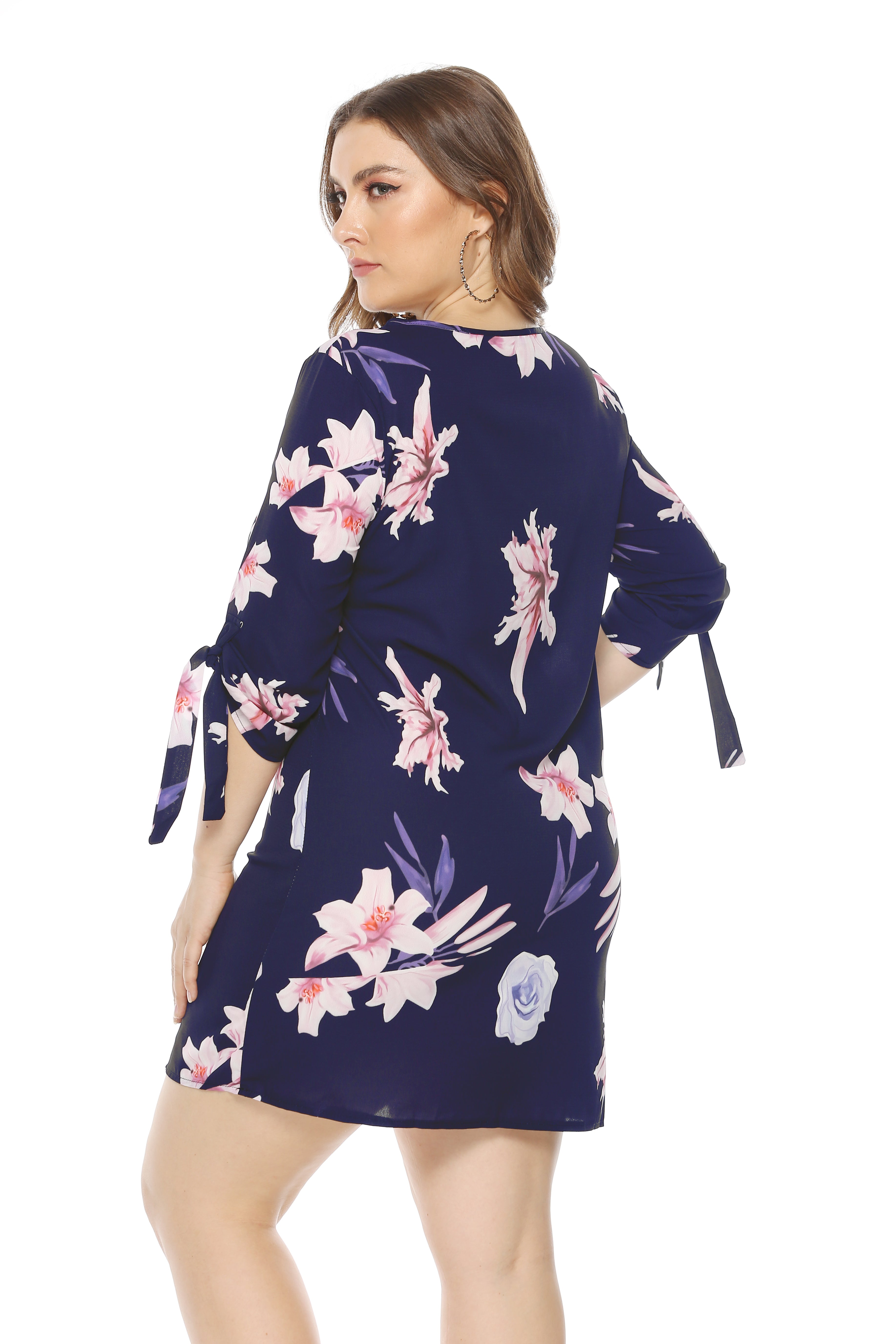 plus large floral print bow side crop sleeve crew neck short chiffon dress Sai Feel