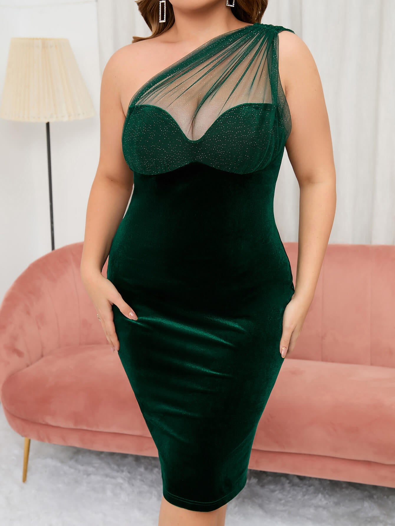 Plus One Shoulder Contrast Mesh Velvet Bodycon Dress