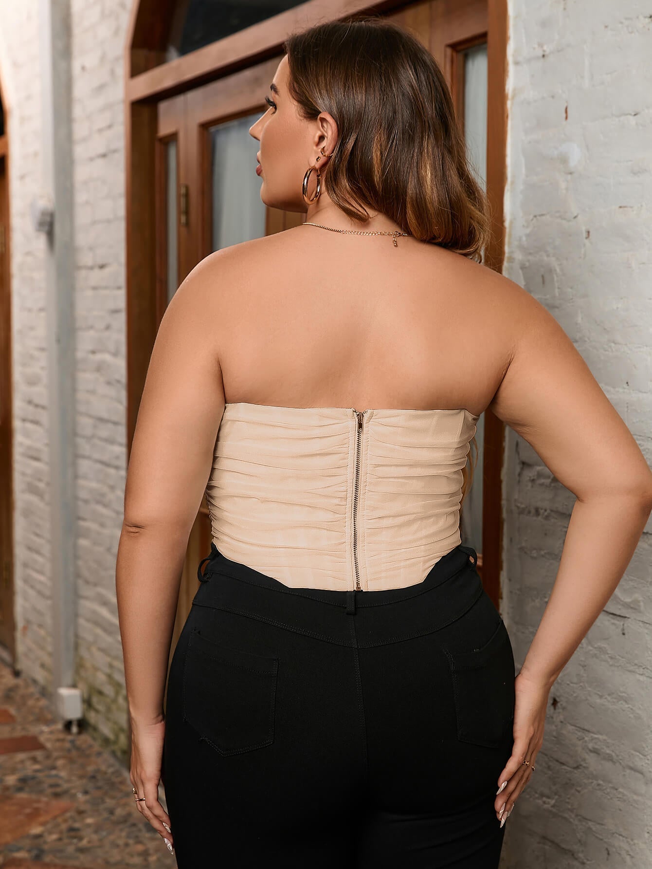 Plus Ruched Asymmetrical Hem Mesh Tube Corset Top