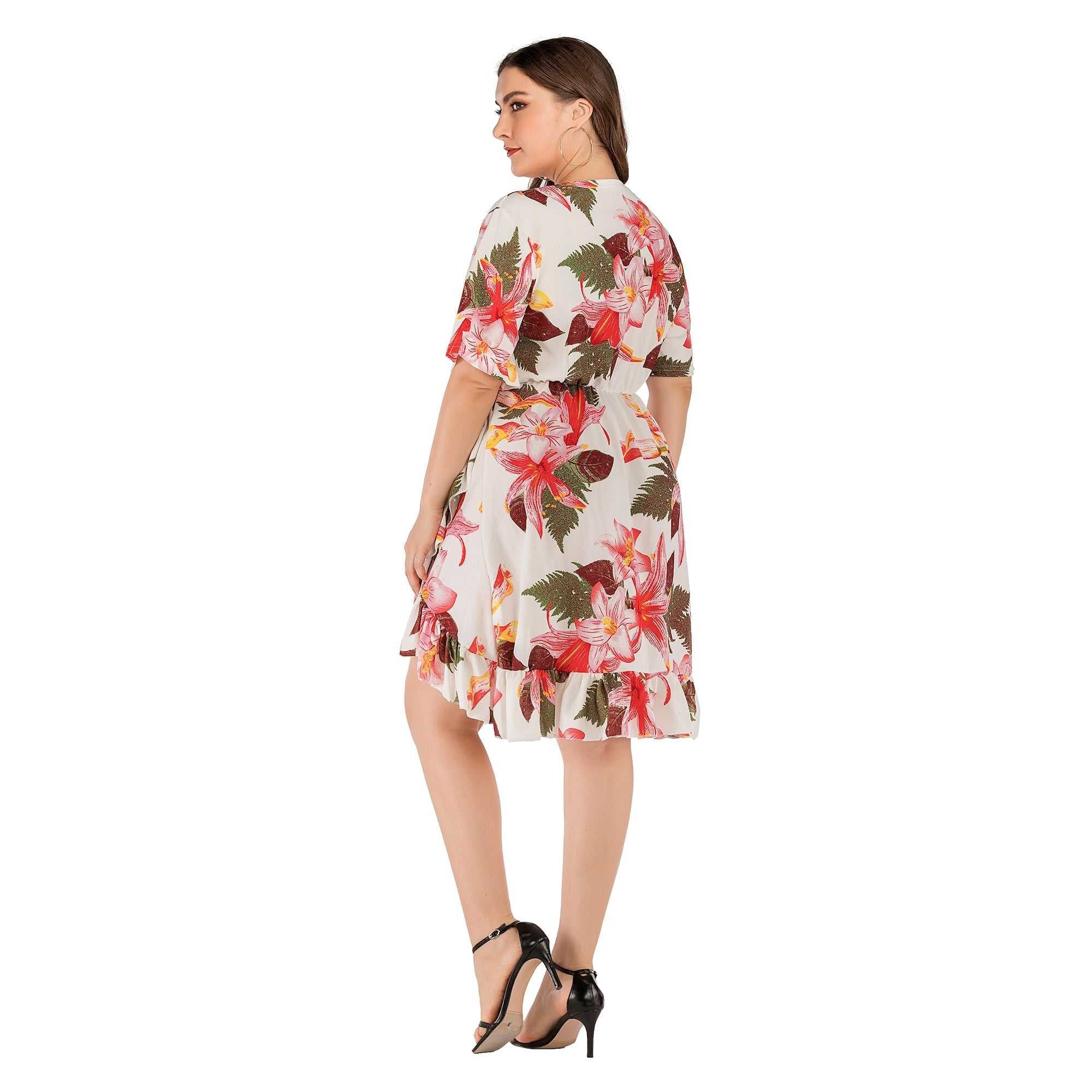 plus size V neck Floral print short Sleeve Belted Wrap ruffle hem knee length French Dress Sai Feel