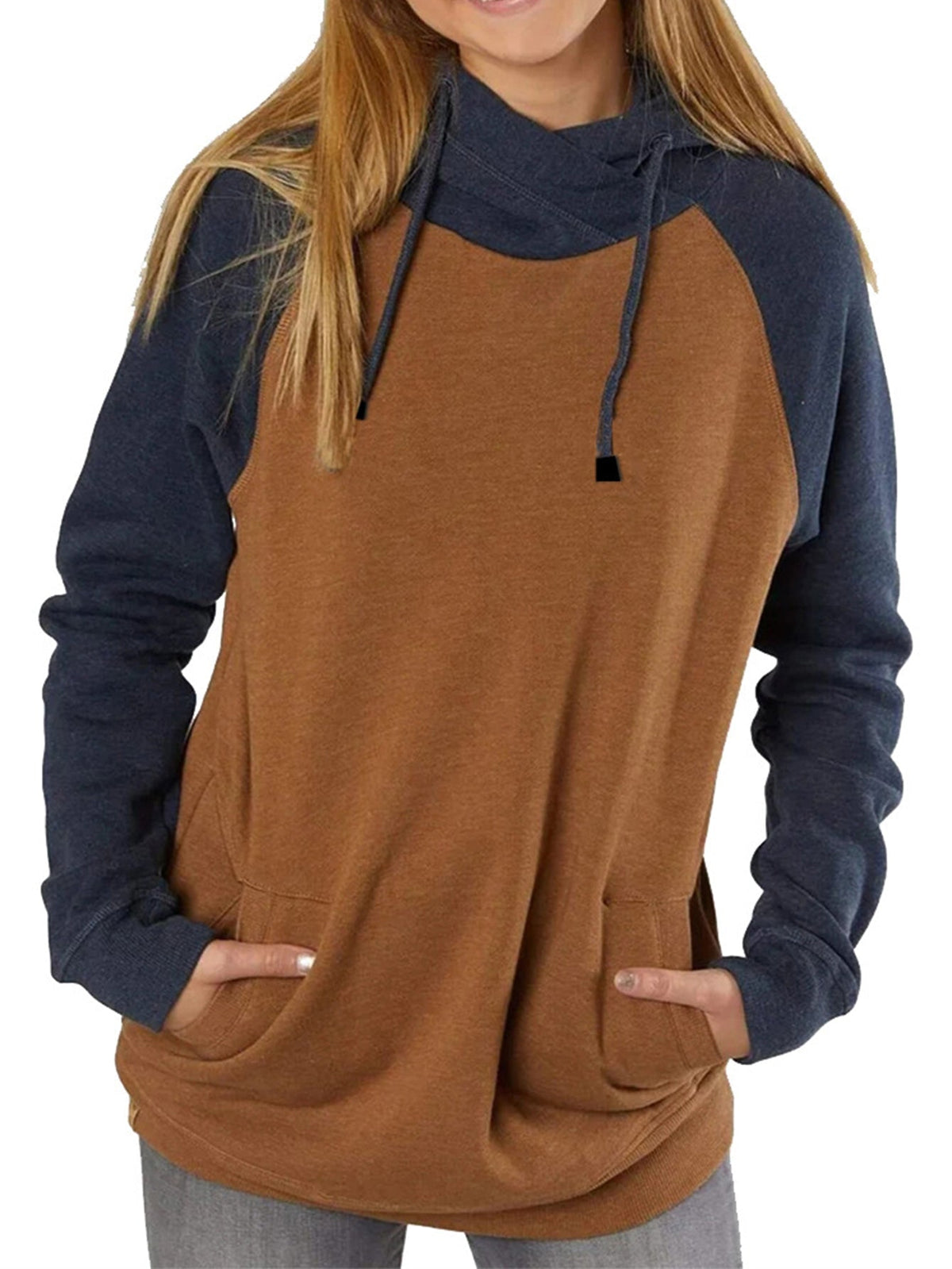 plus size contrasting colors loose medium length casual hoodie Sai Feel