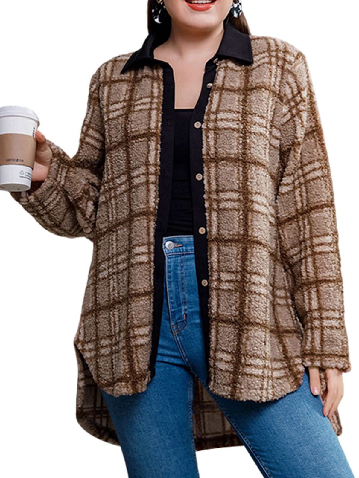 plus size single-breasted double-faced street style plaid tweed coat Sai Feel