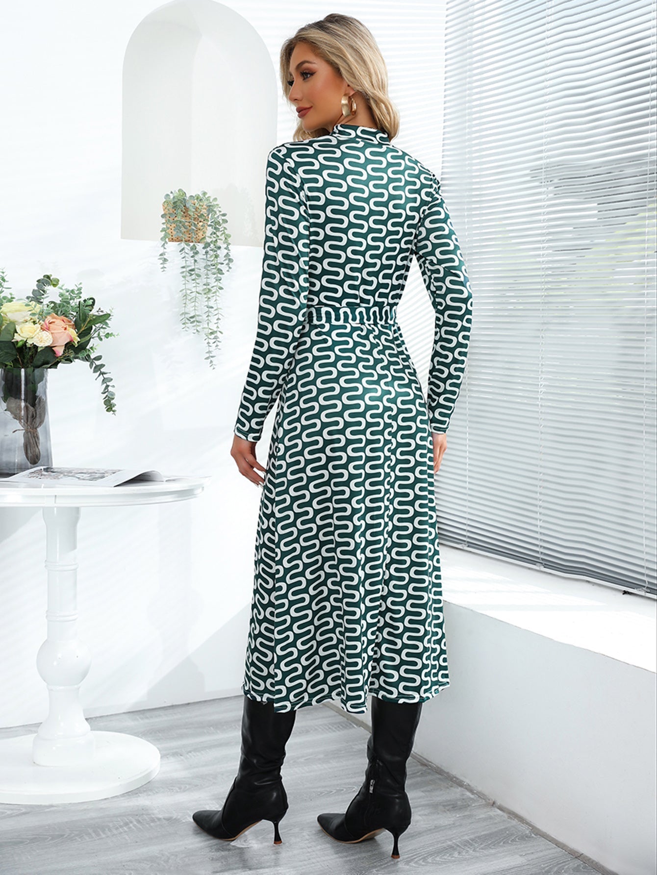 printed split belted long sleeve dress Sai Feel