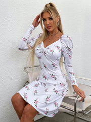 Floral Print Gigot Sleeve Twist Front Dress